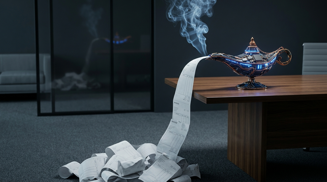 A glowing circuit-board genie lamp on a dark office desk with a long paper invoice spilling out of it onto the floor.