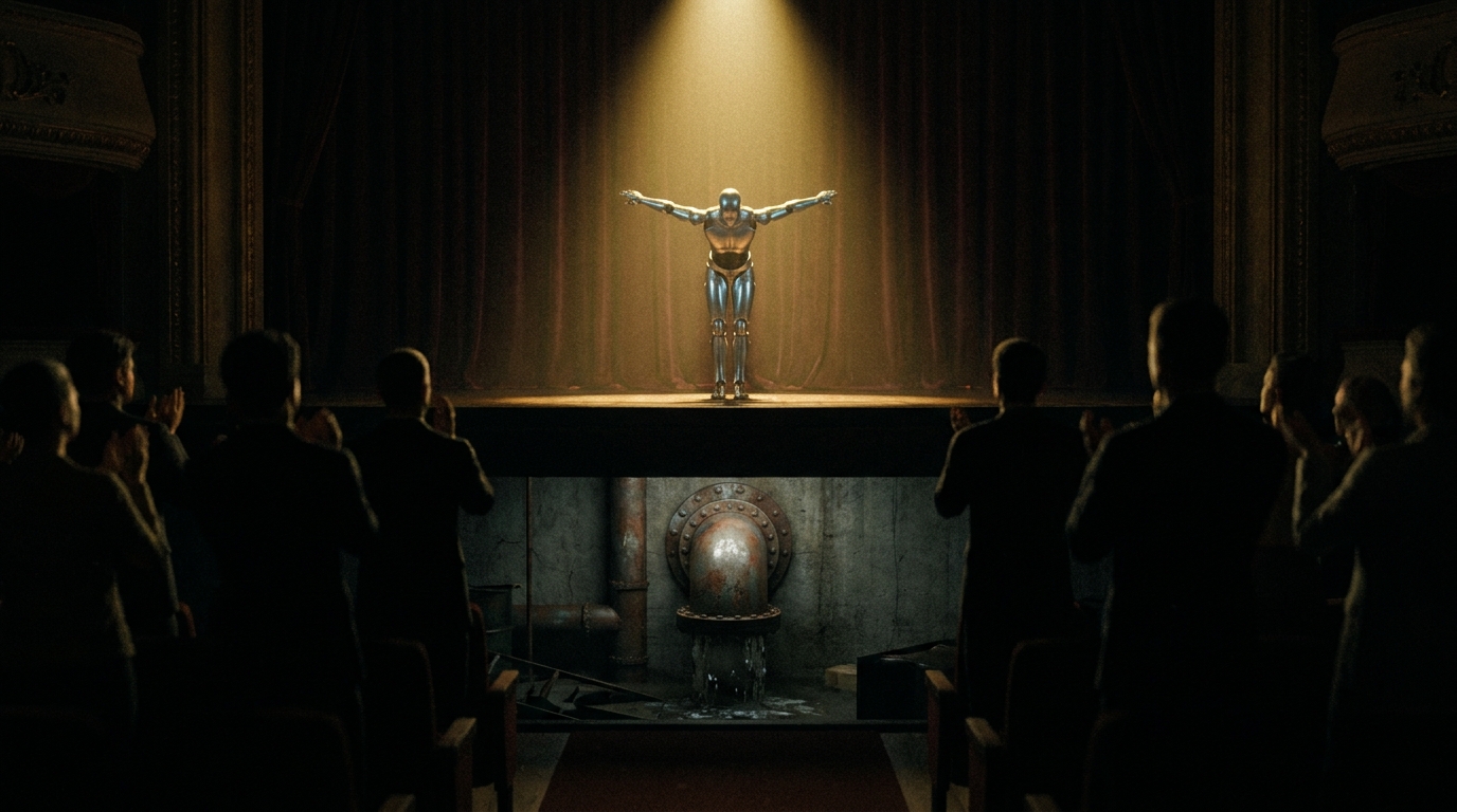 A robot taking a dramatic bow center-stage under a single warm spotlight, an audience applauding in the dark. Below the stage in the unlit orchestra pit, a plain length of metal pipe quietly carries water across, doing the actual work nobody is watching.