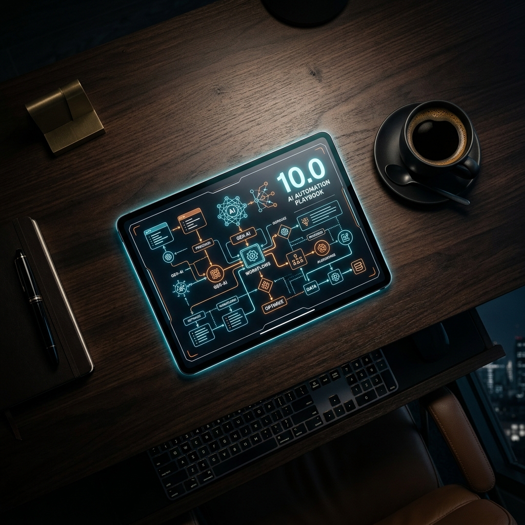 A high-contrast, cinematic top-down view of a dark wooden CEO desk with a glowing tablet displaying an AI playbook.