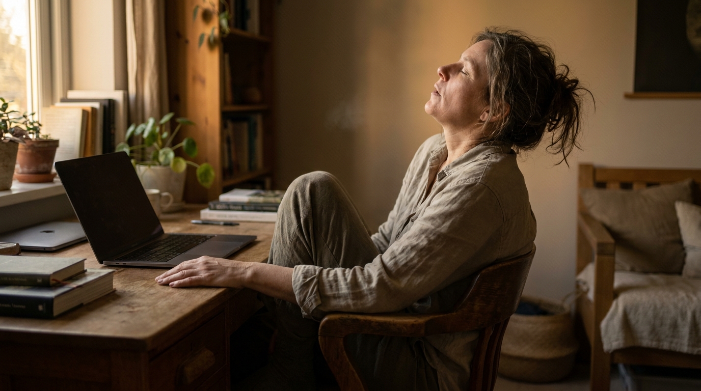 A woman leaning back in a wooden desk chair in a warm home office, eyes closed and exhaling, shoulders dropped. A laptop sits dimmed and half-ignored on the desk beside her.