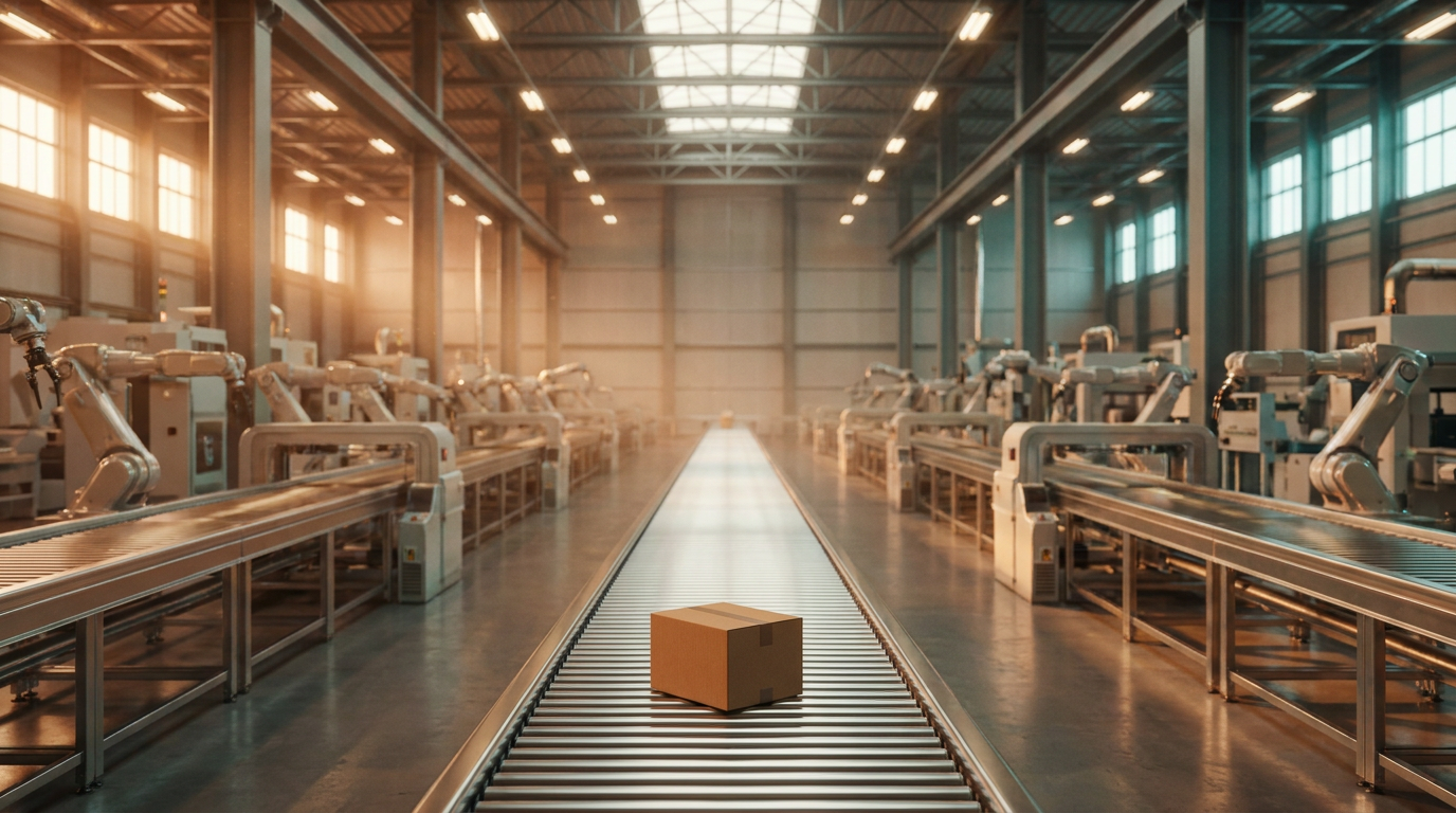 A vast, gleaming automated factory floor full of robotic arms and conveyor belts stretching into the distance, with a single small cardboard box sitting alone at the end of the line.