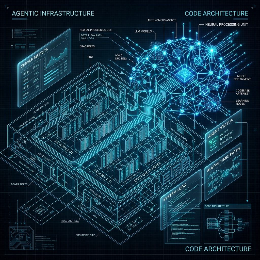 A sleek, highly detailed dark-mode architectural blueprint of a digital server room transitioning into a glowing neural network.