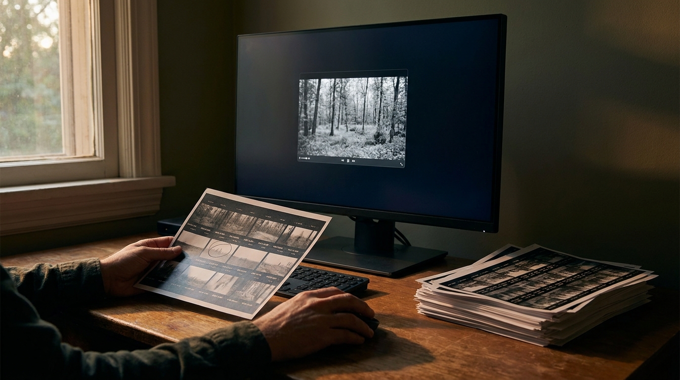 A clean desk at dusk. One monitor centered on a paused frame. Stacked contact sheets pushed face-down to the side, one held upright in the foreground — the chosen one.