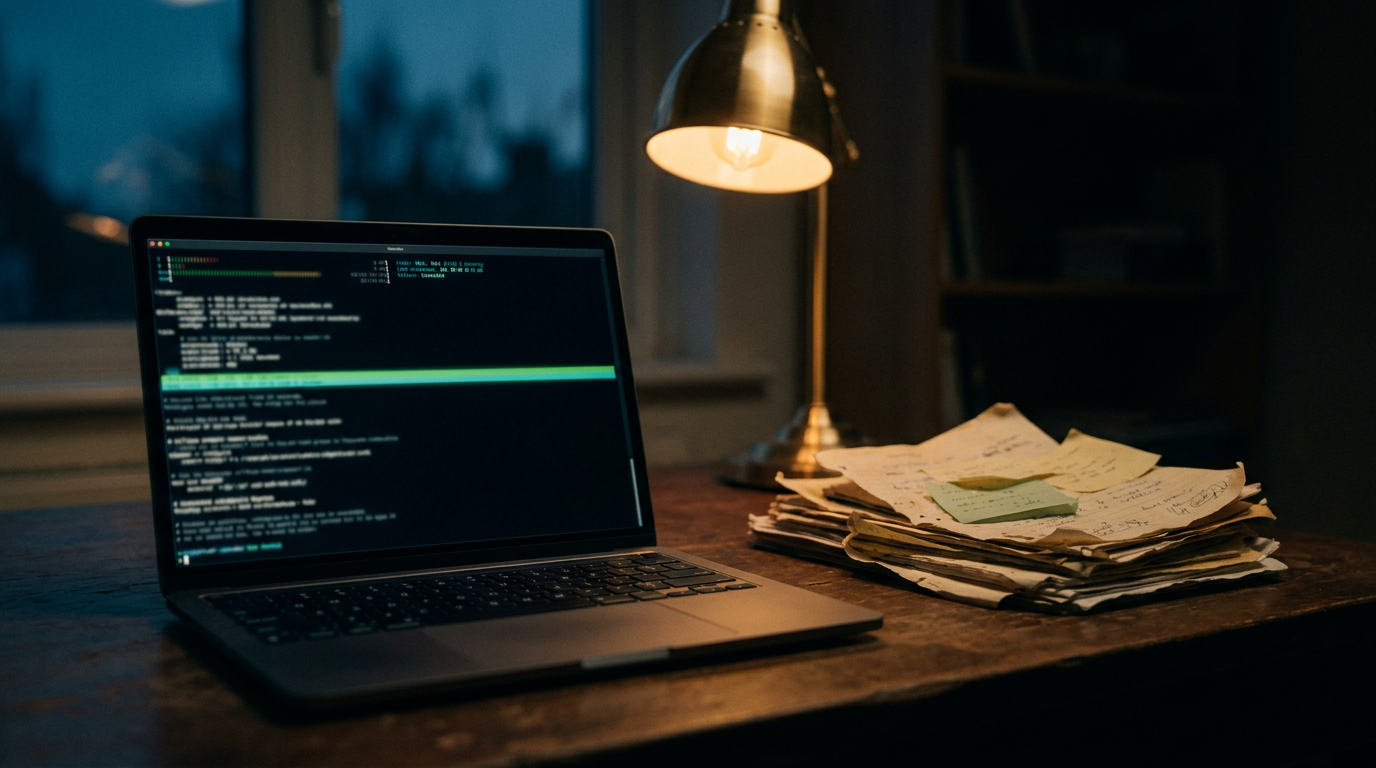 A glowing live server endpoint on one side, a stack of faded paper status notes on the other, the paper visibly out of date.