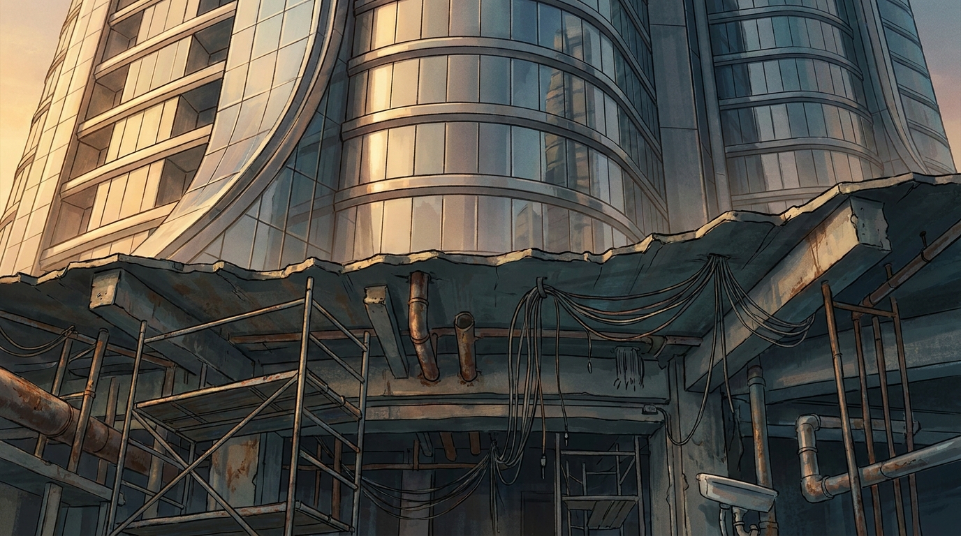 A gleaming polished building facade on top, held up by raw unfinished scaffolding and exposed plumbing below.