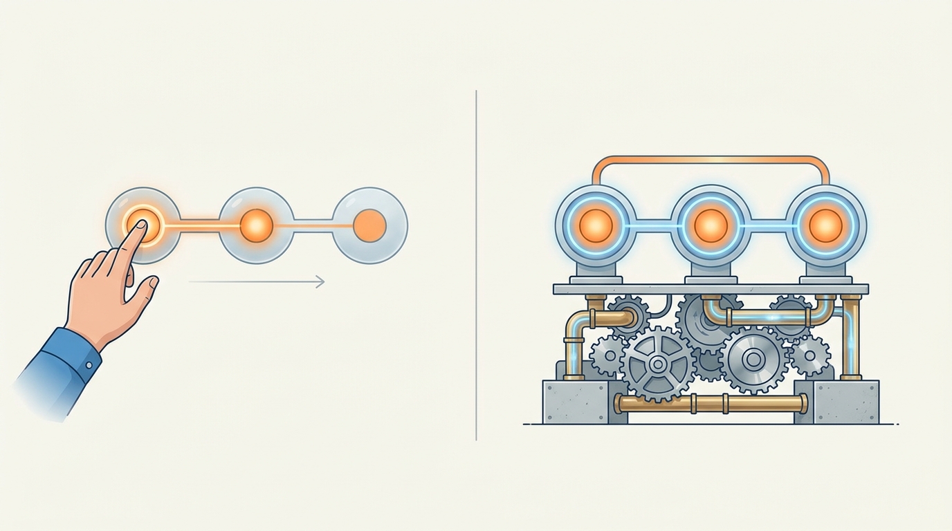 Two-phase path: phase one, a human hand triggering each step of an assisted workflow; phase two, the same workflow running on its own once the infrastructure underneath is built.
