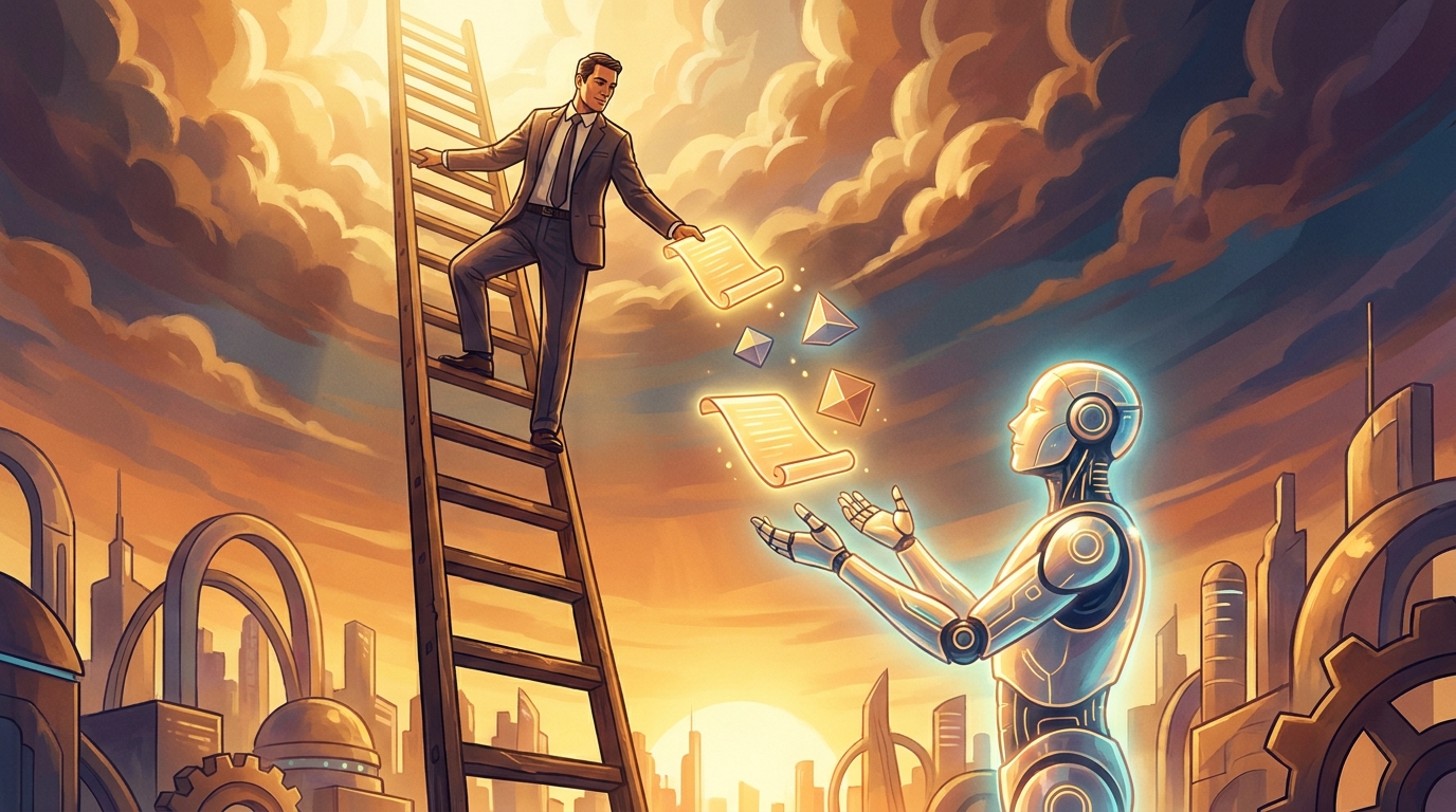 A CEO at the top of a ladder handing the lowest rungs of work, one by one, down to a glowing AI assistant.