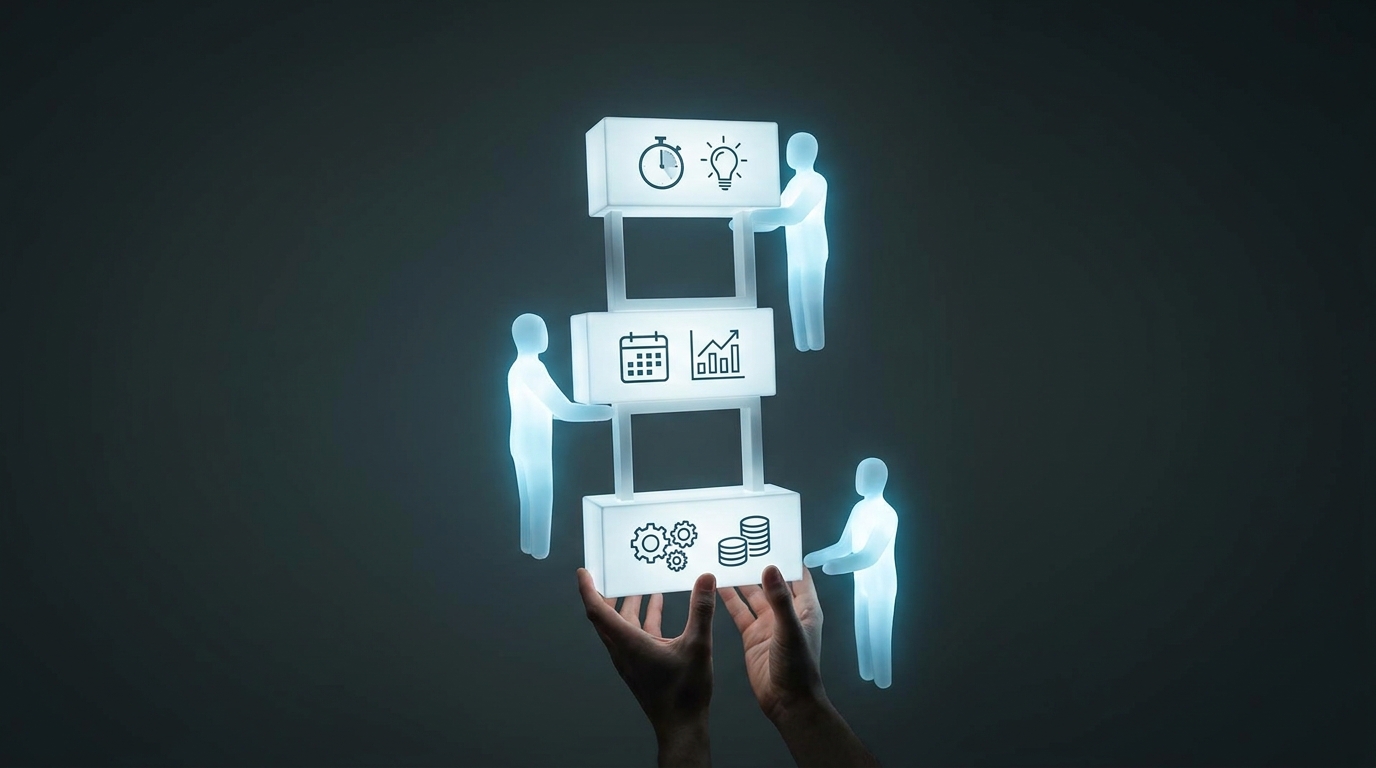 A three-tier ladder. The bottom tier is money-making tasks, the middle tier is weekly leverage, the top tier is time-savers, with each rung handed off to AI.