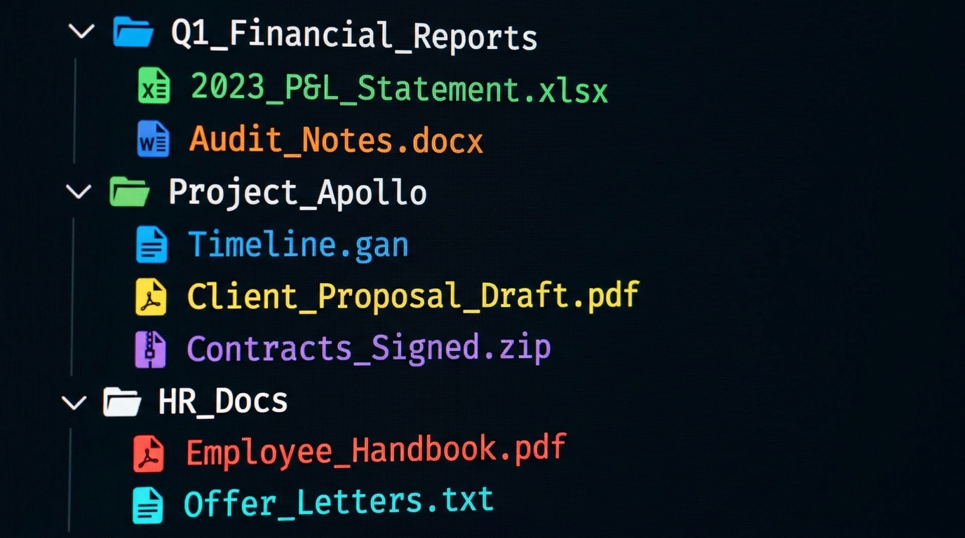 A code editor's file-tree sidebar where the filenames are business documents — manifesto.md, client-onboarding.md, churn-logs.md, offer.md — instead of source code files.