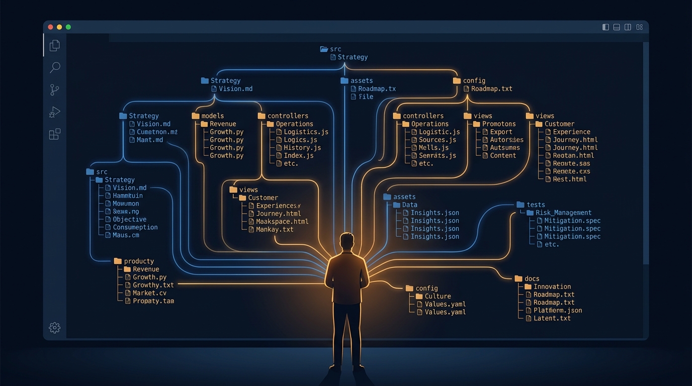 A glowing file tree of a software repository, but every folder and file is labeled with a business concept instead of code, read at a glance by a single figure.
