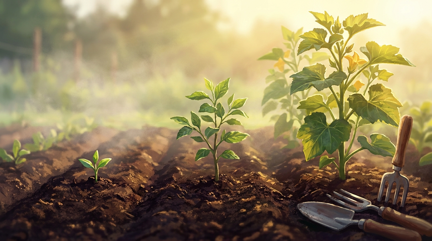 A tended garden bed where the same plant appears three times along a row: a fresh seedling, a half-grown sapling, and a full leafy tree.