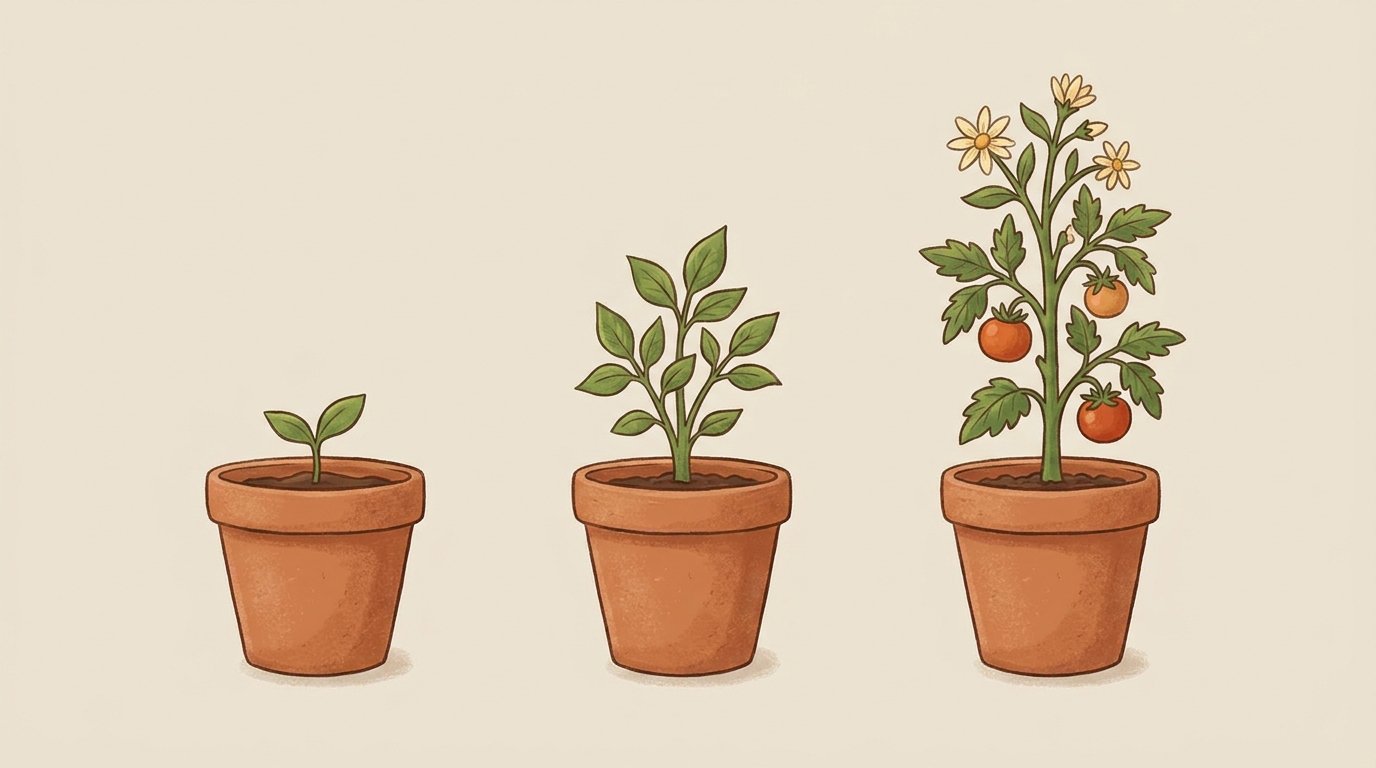 Three pots in a row showing the same idea at three stages: a single sprout labeled seed, a leafy young plant labeled sapling, and a tall established plant labeled tree.