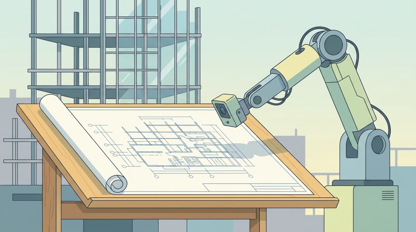 A robotic arm reading an architectural blueprint and building the exact structure drawn on it, beam for beam.