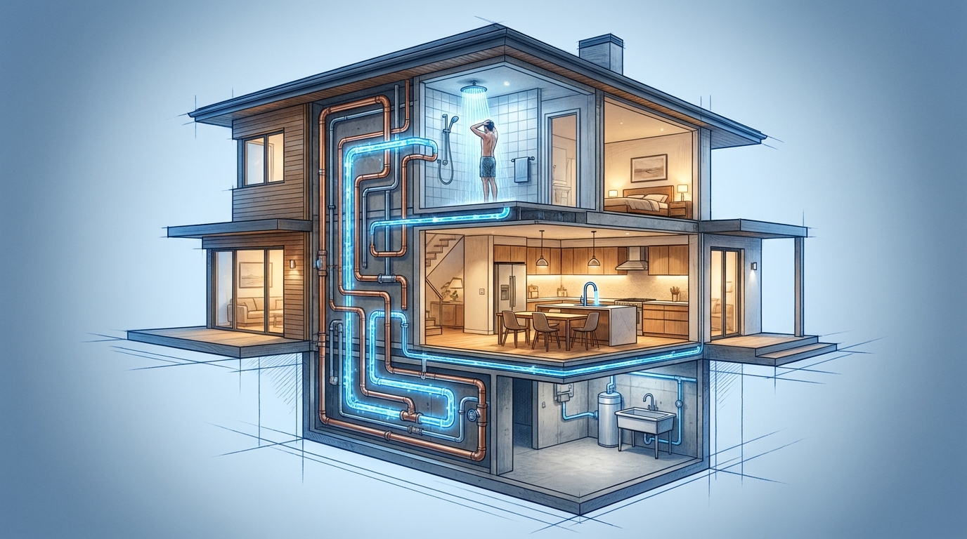 A cutaway of a house showing the pipes behind the walls, glowing water running cleanly to every room.