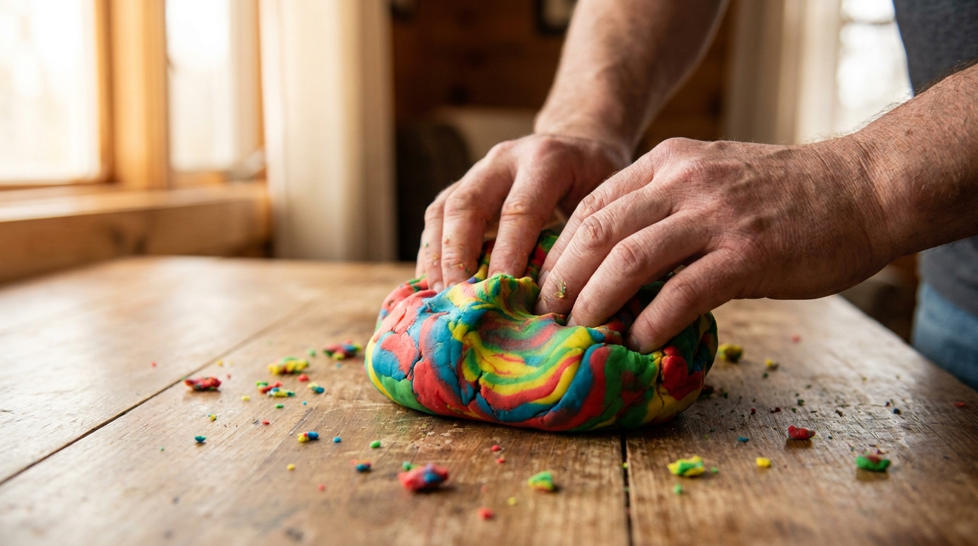 A pair of hands joyfully squishing a lump of bright, colorful Play-Doh on a table, mid-experiment.