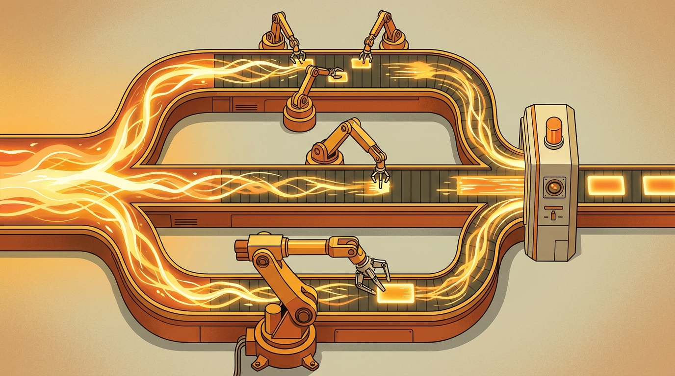 An assembly line where work enters one end, splits into parallel stations sized to different workers, passes a single inspection gate, and ships out the far end.
