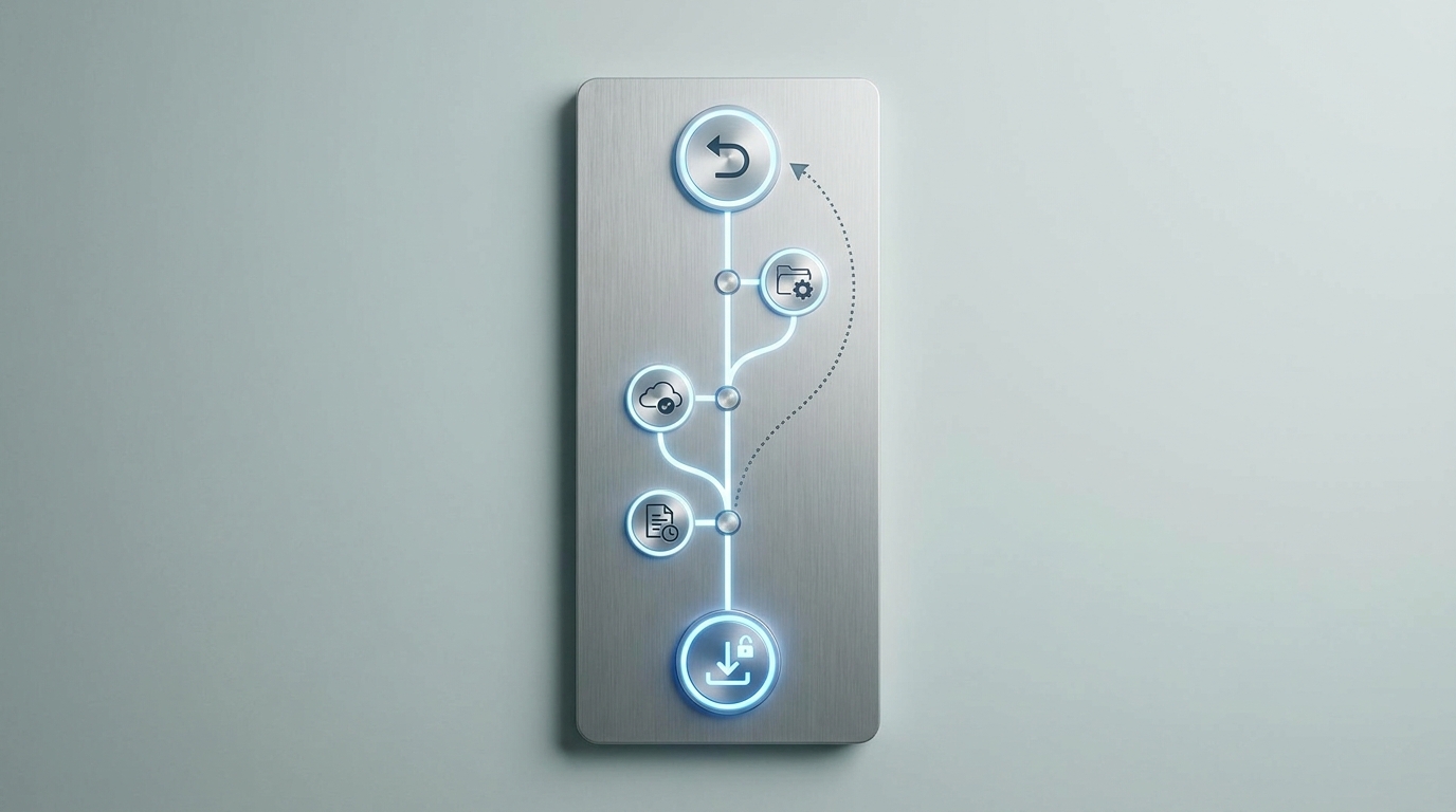 A timeline of saved versions, each one preserved and reversible, like a save button that never overwrites.