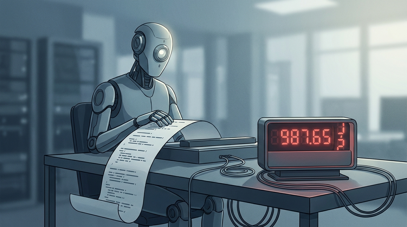 A machine reading a document at a desk while a taxi-style meter beside it ticks upward, charging for every word it reads.